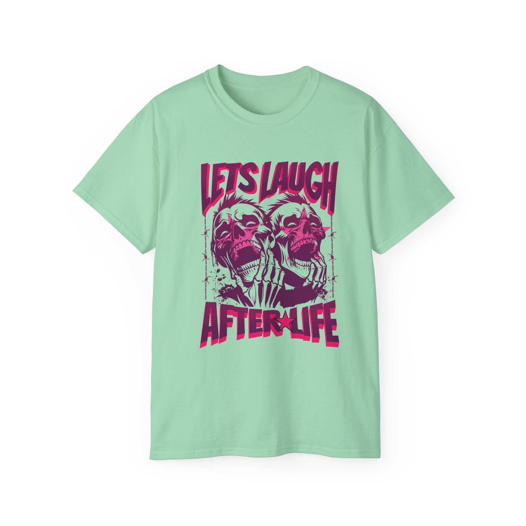 Let's Laugh After Life - Unisex Cotton Crew Tee (Front) - Damned Threads